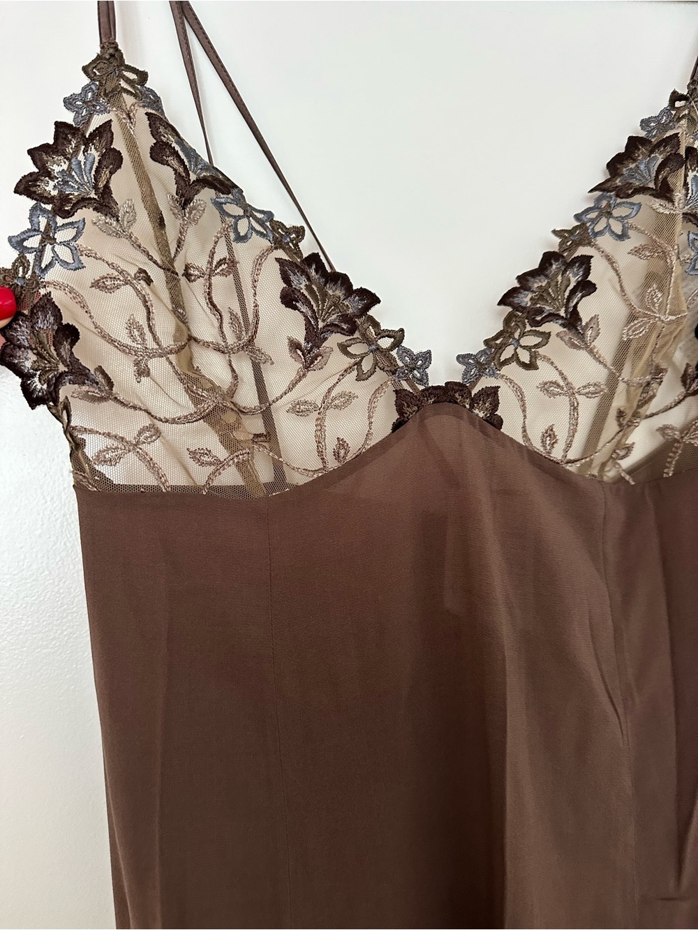 La Perla Silk Malizia Brown Lace-Trim Slip nightgown with Side Slits - Picture 10 of 14